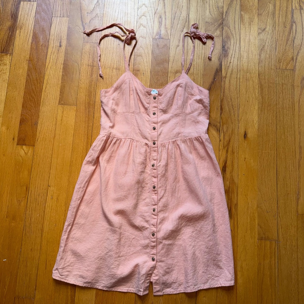 Aerie Peach Linen Blend Button Front Tie Strap Mini Dress S Smocked Back Cottage
